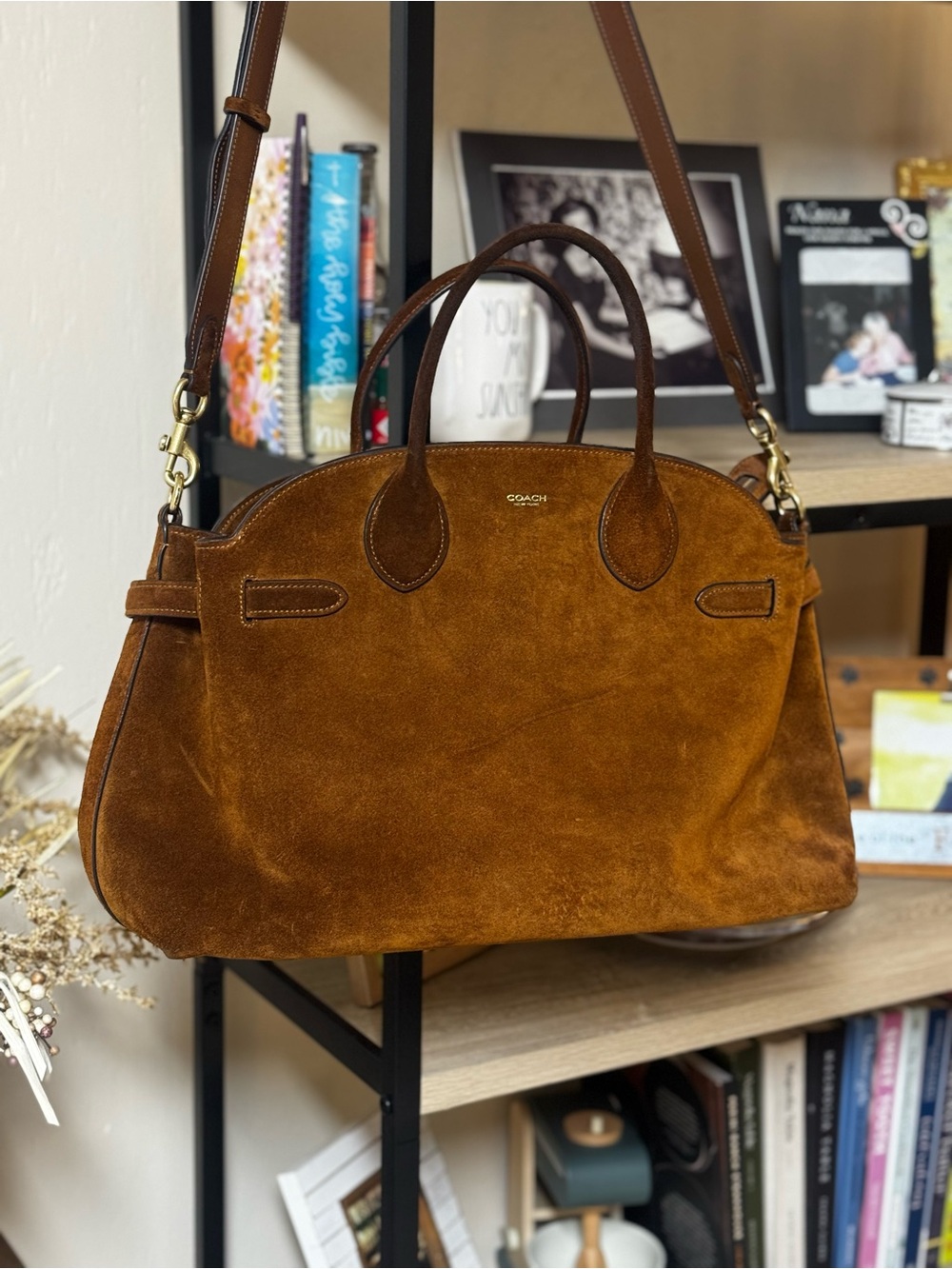 Coach Suede Soft Empire Carryall in Cognac Brown